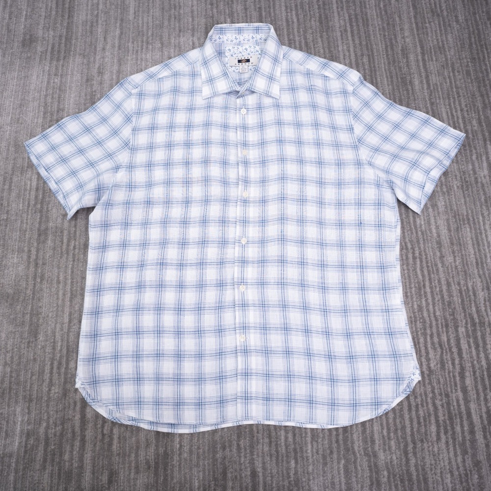 Joseph Abboud Button Up Shirt Mens XL Blue Plaid Good Linen Blend SS
